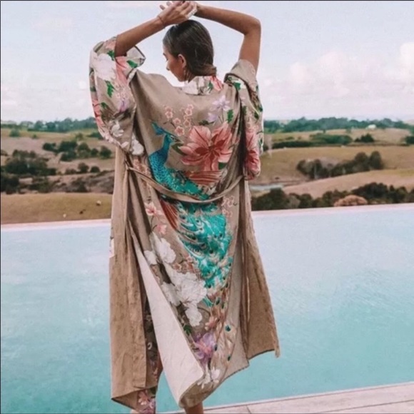 Boho Peacock Bird Of Paradise Kimono, Duster, Tan - Picture 2 of 7